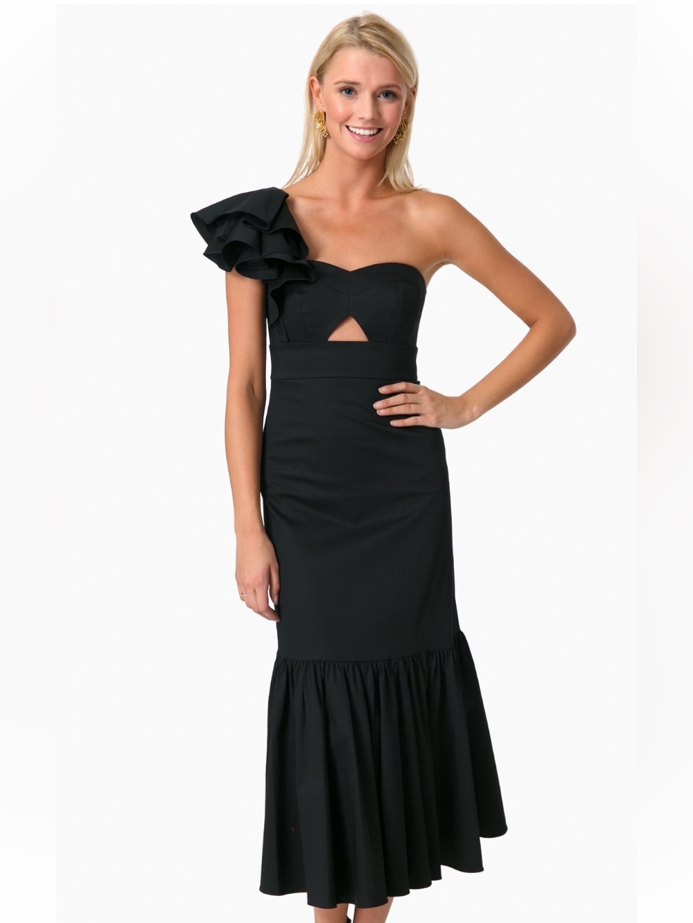 NWT $495 Rebecca Taylor Black One Shoulder Ruffle Midi Dress Size 4